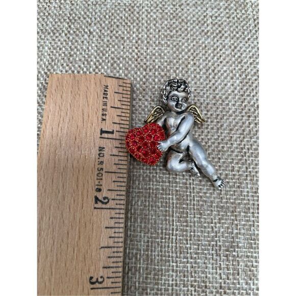 Valentines Bundle of 2 Brooches Silver Angel and Red Clay Heart - Picture 5 of 7
